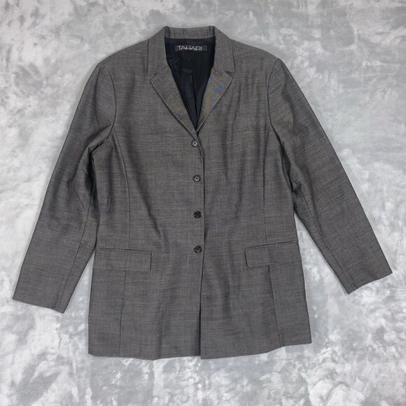 Tahari Arthur S. Levine Women’s 14 Blazer Dark Gray Wool Blend 4-Button Notch La - Picture 1 of 7